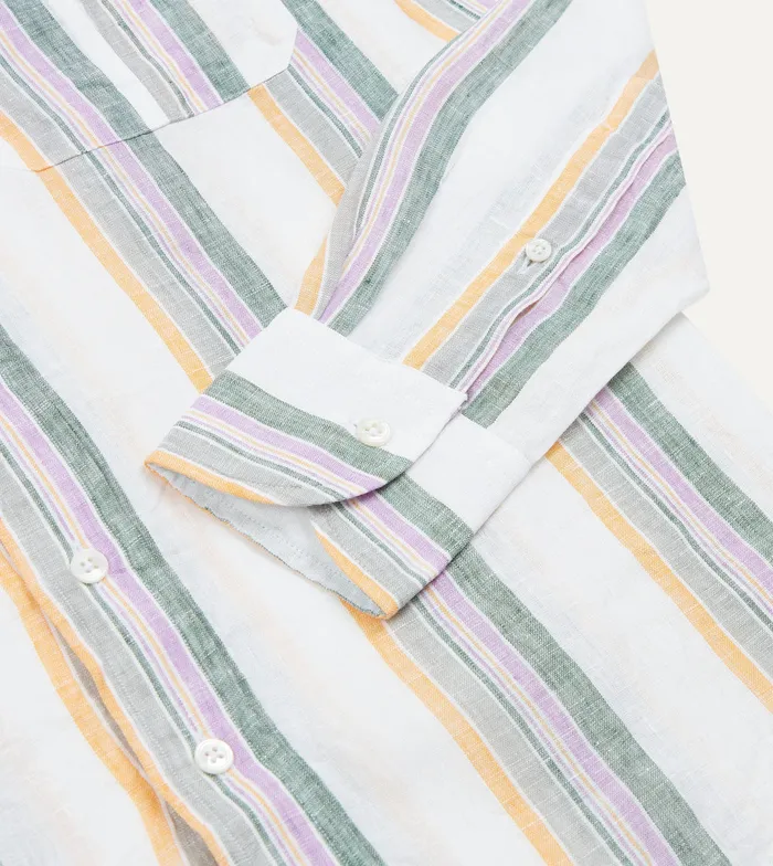 Drake039s Ecru Green And Purple Track Stripe Linen Spread Collar Shirt Men Linen Shirts