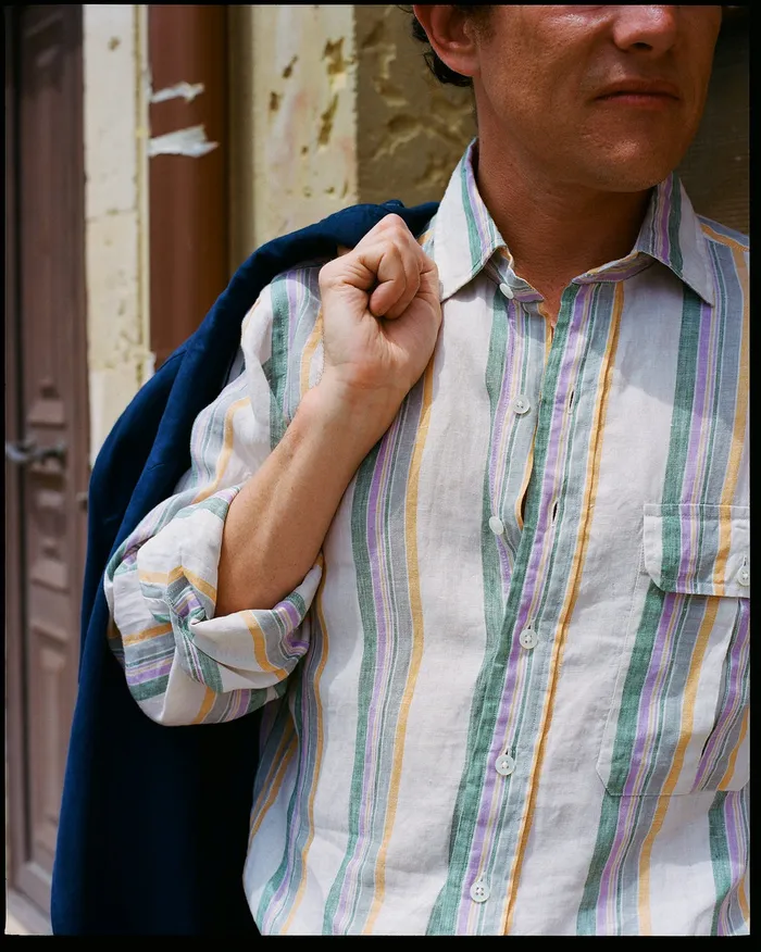 Drake039s Ecru Green And Purple Track Stripe Linen Spread Collar Shirt Men Linen Shirts