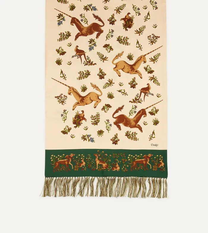 Drake039s Ecru Unicorn Print Tubular Silk Tasselled Scarf Men Scarves