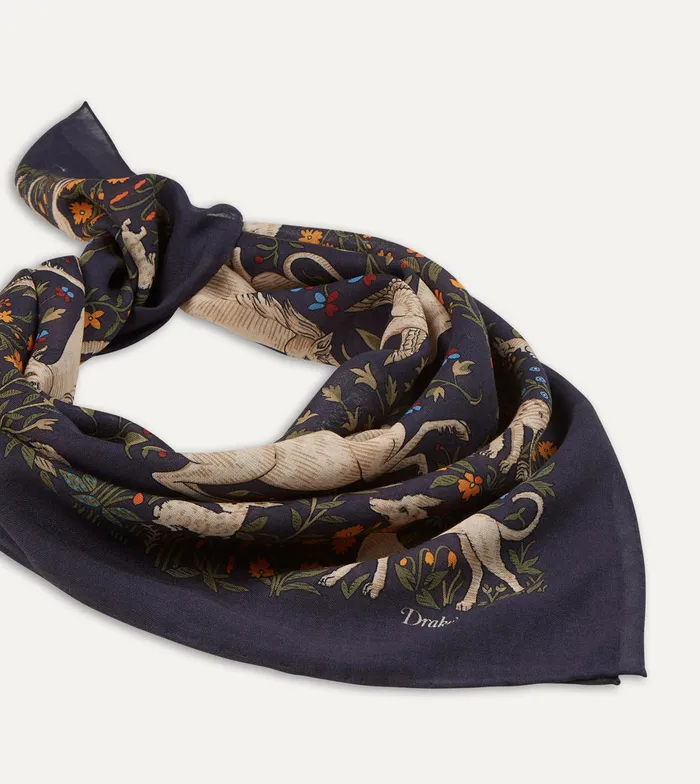 Drake039s Navy Unicorn Print WoolSilk Square Scarf Men Scarves