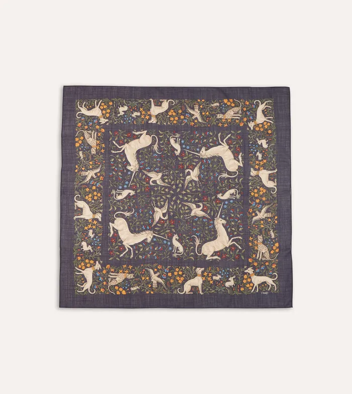 Drake039s Navy Unicorn Print WoolSilk Square Scarf Men Scarves