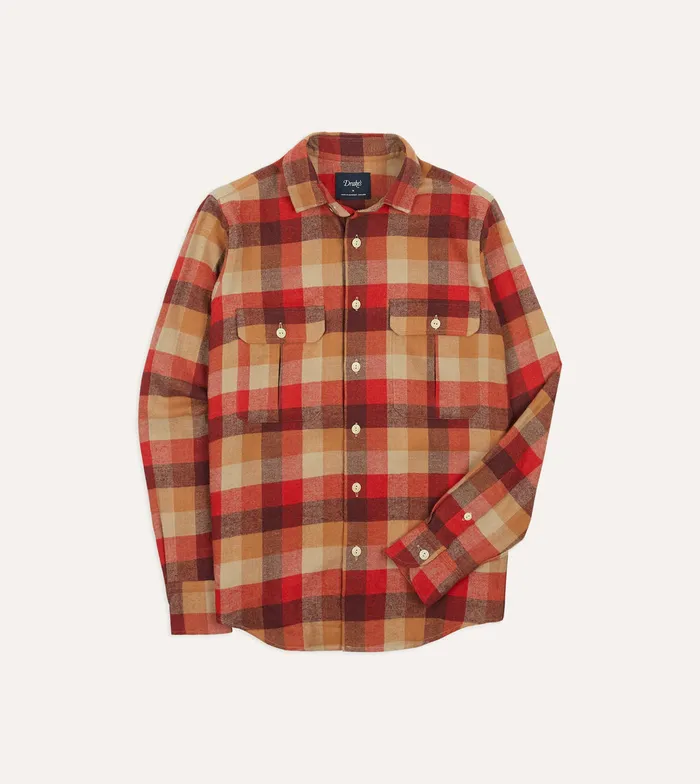 Drake039s Red And Brown Check Brushed Cotton TwoPocket Work Shirt Men Work Shirts