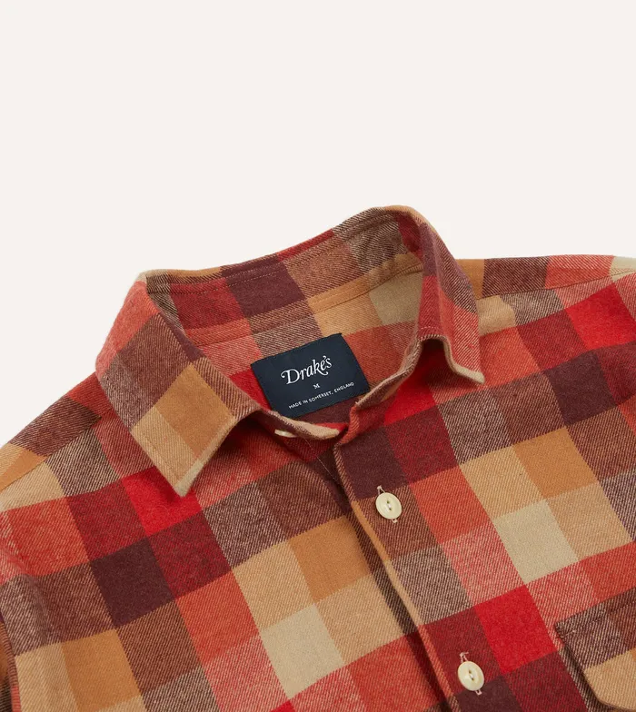 Drake039s Red And Brown Check Brushed Cotton TwoPocket Work Shirt Men Work Shirts