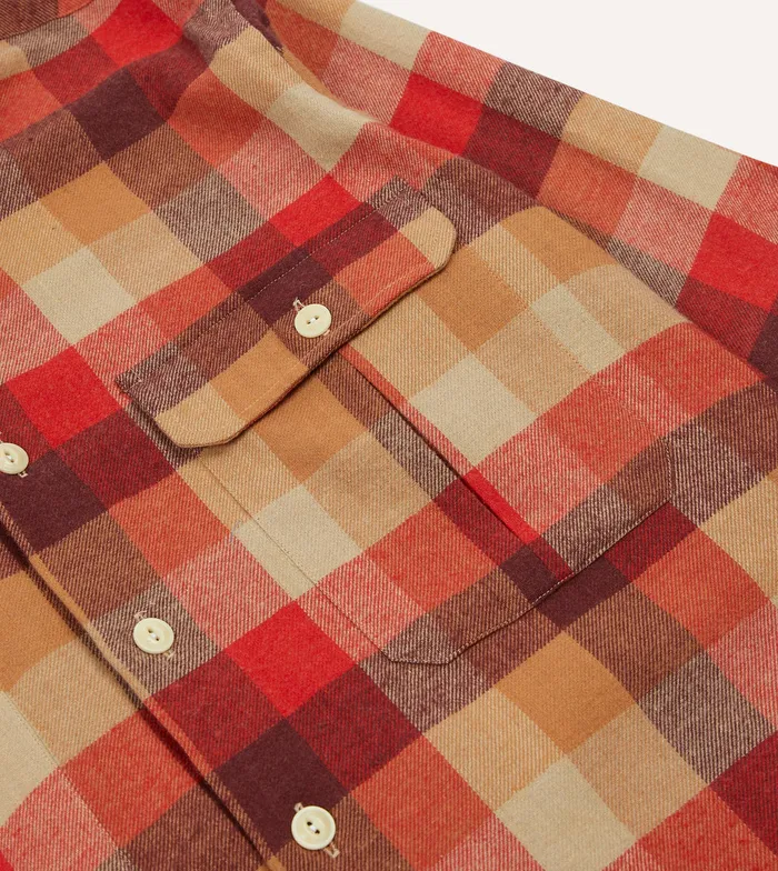 Drake039s Red And Brown Check Brushed Cotton TwoPocket Work Shirt Men Work Shirts