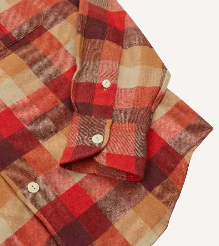 Drake039s Red And Brown Check Brushed Cotton TwoPocket Work Shirt Men Work Shirts