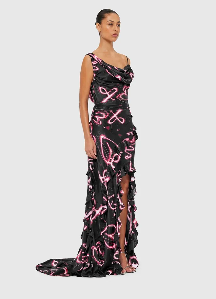 Dresses and Jumpsuits Women LEO LIN Remy Low Back Split Maxi Dress 8211 Neon Heart Print