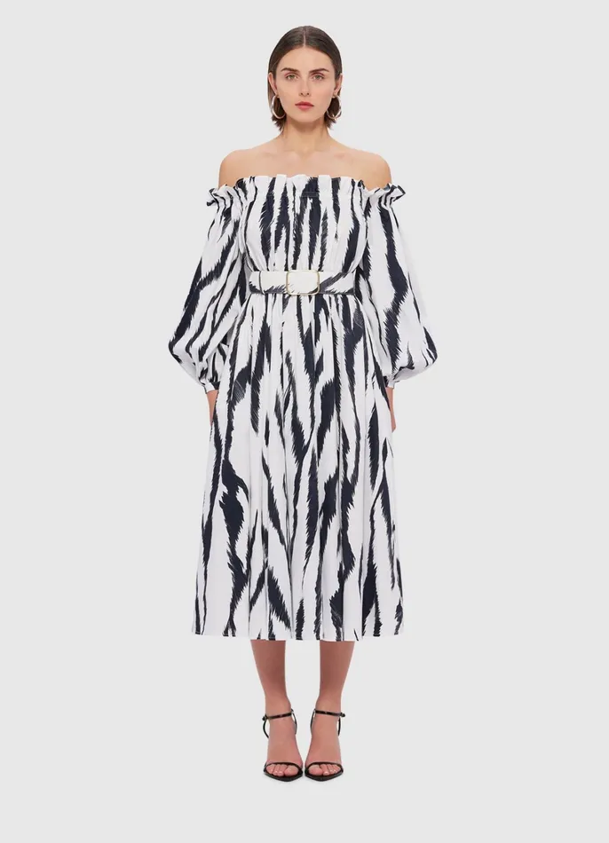 Dresses and Jumpsuits Women LEO LIN Sarah OffShoulder Midi Dress 8211 Tiger Print In White