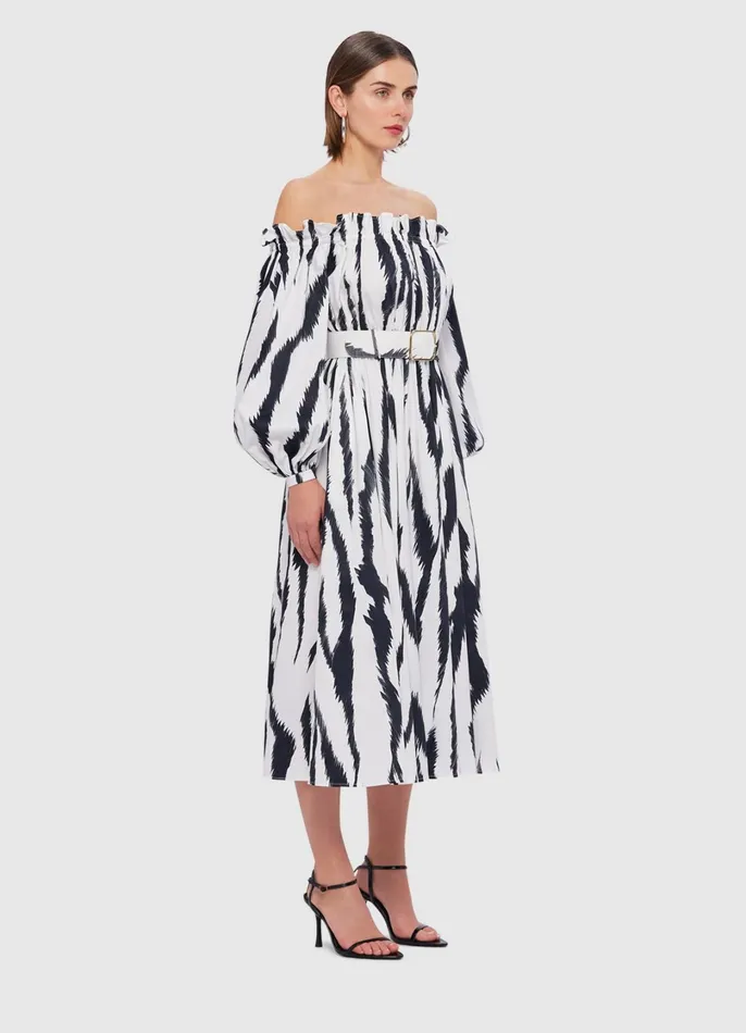 Dresses and Jumpsuits Women LEO LIN Sarah OffShoulder Midi Dress 8211 Tiger Print In White
