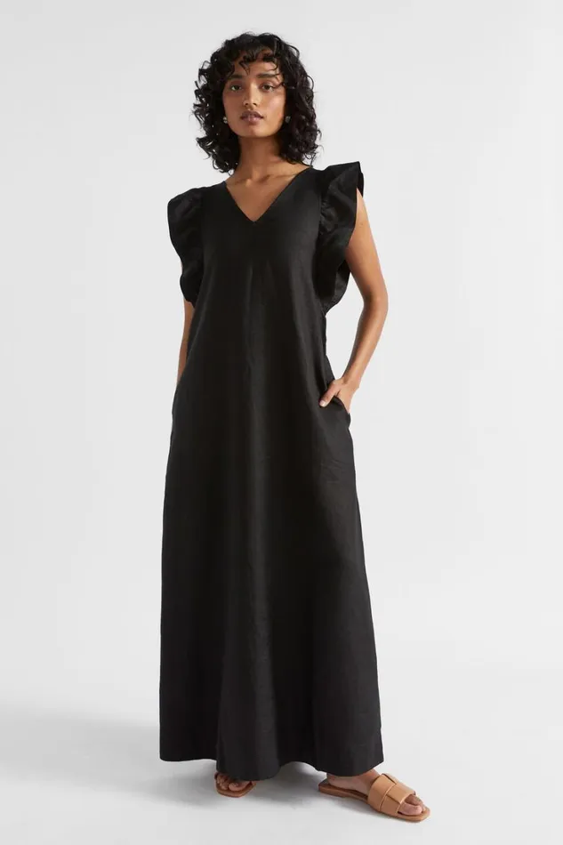 Dresses Woman Seed Heritage Linen Frill Sleeve Column Dress Black