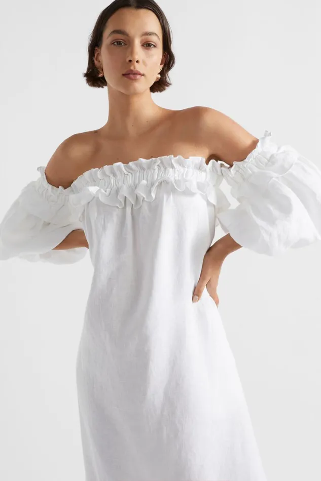 Dresses Woman Seed Heritage Linen Ruffle Off Shoulder Dress Whisper White