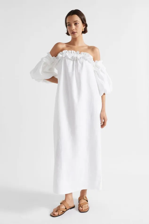 Dresses Woman Seed Heritage Linen Ruffle Off Shoulder Dress Whisper White