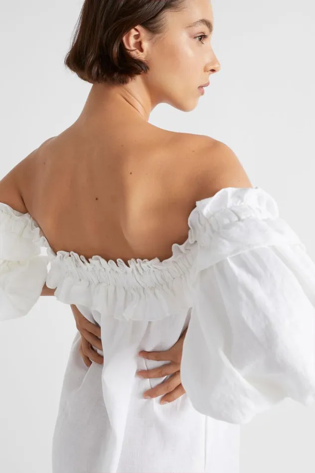 Dresses Woman Seed Heritage Linen Ruffle Off Shoulder Dress Whisper White