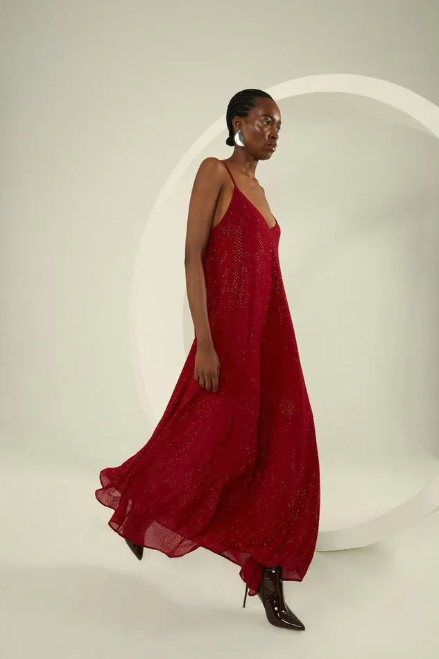 Dresses Women Karen Millen All Over Embellished Georgette Strappy Woven Maxi Dress Red Dresses Women Karen Millen All Over Embellished Georgette Strappy Woven Maxi Dress Red