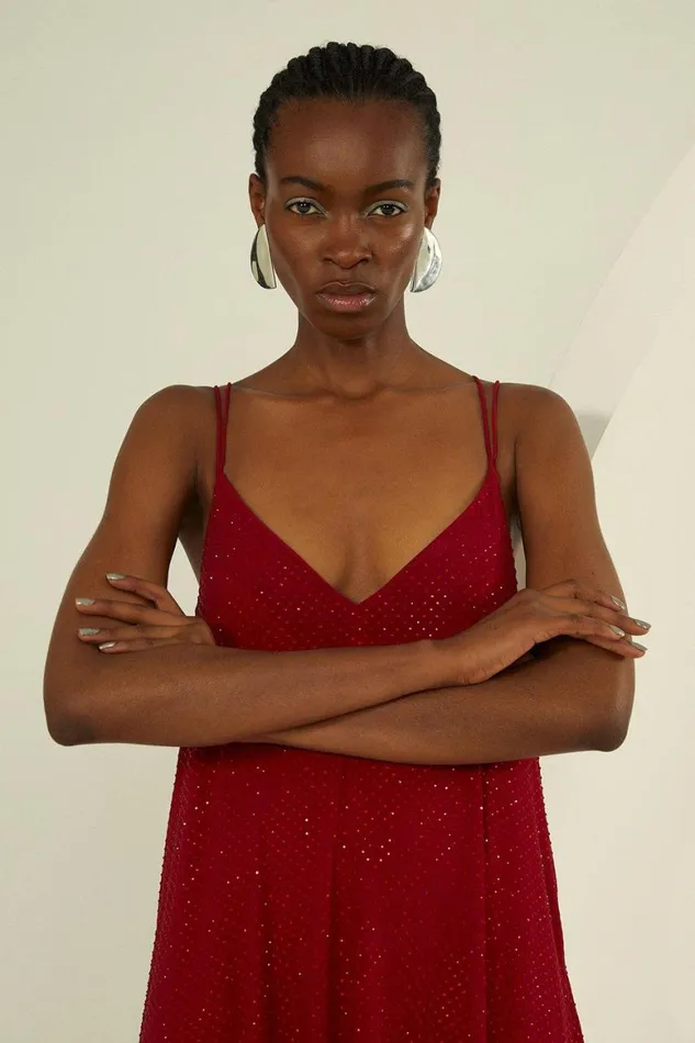 Dresses Women Karen Millen All Over Embellished Georgette Strappy Woven Maxi Dress Red