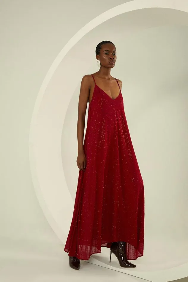 Dresses Women Karen Millen All Over Embellished Georgette Strappy Woven Maxi Dress Red