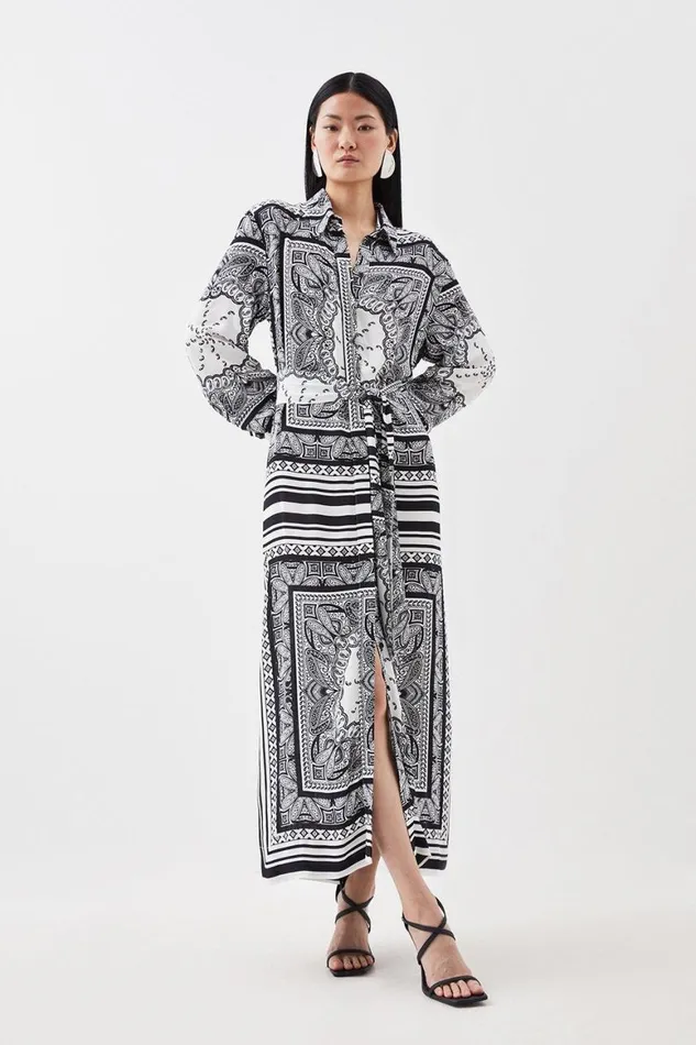 Dresses Women Karen Millen Border Print Woven Crepe Maxi Shirt Dress Mono