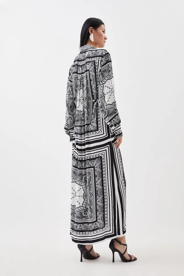 Dresses Women Karen Millen Border Print Woven Crepe Maxi Shirt Dress Mono