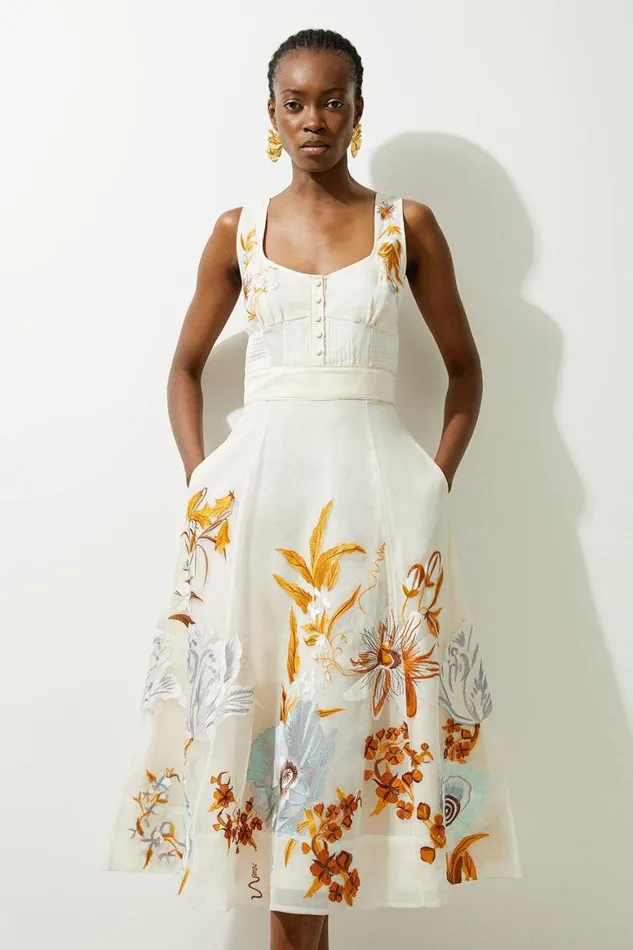 Dresses Women Karen Millen Botanical Embroidery Organdie Strappy Midi Dress Cream