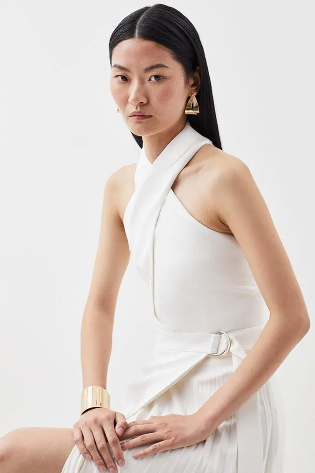 Dresses Women Karen Millen Compact Stretch Halter Neck Pleat Detail Midi Dress Ivory
