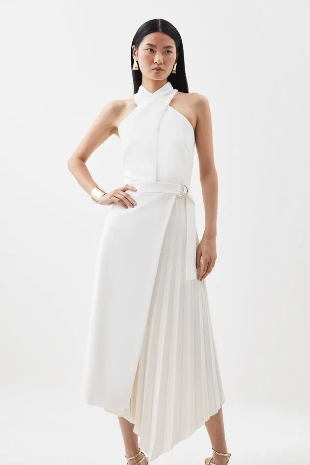 Dresses Women Karen Millen Compact Stretch Halter Neck Pleat Detail Midi Dress Ivory