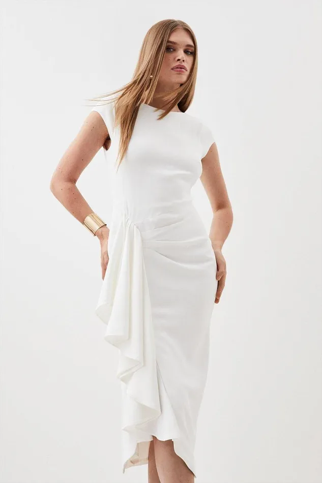 Dresses Women Karen Millen Compact Stretch Viscose Cap Sleeve Drape Detail Tailored Midi Dress Ivory