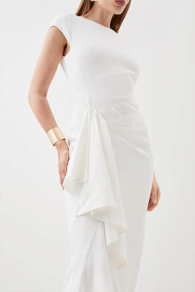 Dresses Women Karen Millen Compact Stretch Viscose Cap Sleeve Drape Detail Tailored Midi Dress Ivory