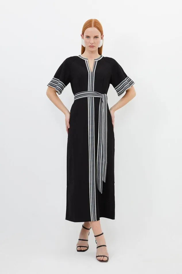 Dresses Women Karen Millen Contrast Twill Woven Belted Midaxi Dress Black