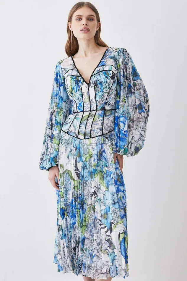 Dresses Women Karen Millen Corset Detail Floral Pleated Woven Maxi Dress Blue Dresses Women Karen Millen Corset Detail Floral Pleated Woven Maxi Dress Blue