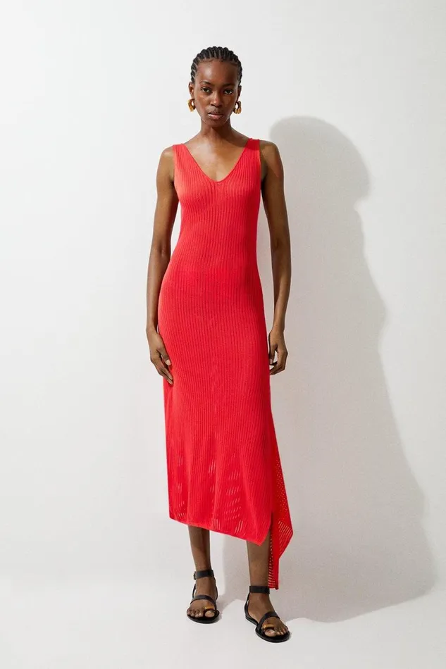 Dresses Women Karen Millen Cotton Blend Knit Scoop Neck Midaxi Dress Coral