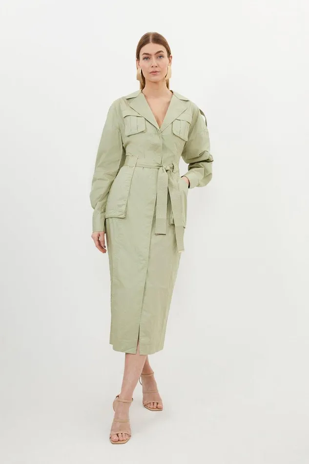 Dresses Women Karen Millen Cotton Sateen Woven Midi Shirt Dress Khaki