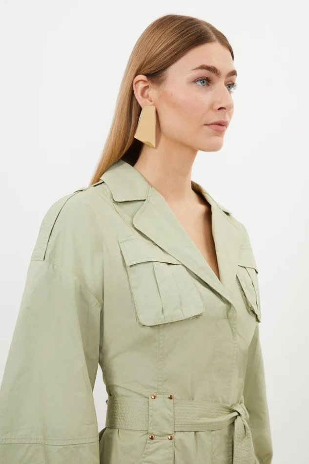 Dresses Women Karen Millen Cotton Sateen Woven Midi Shirt Dress Khaki