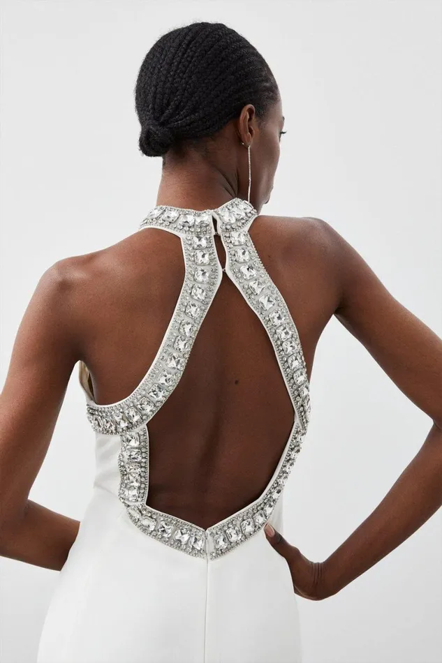 Dresses Women Karen Millen Crystal Embellished Halter Woven Maxi Dress Ivory
