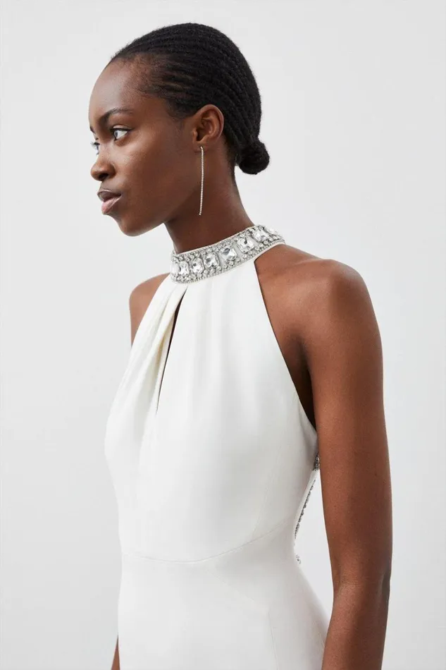 Dresses Women Karen Millen Crystal Embellished Halter Woven Maxi Dress Ivory
