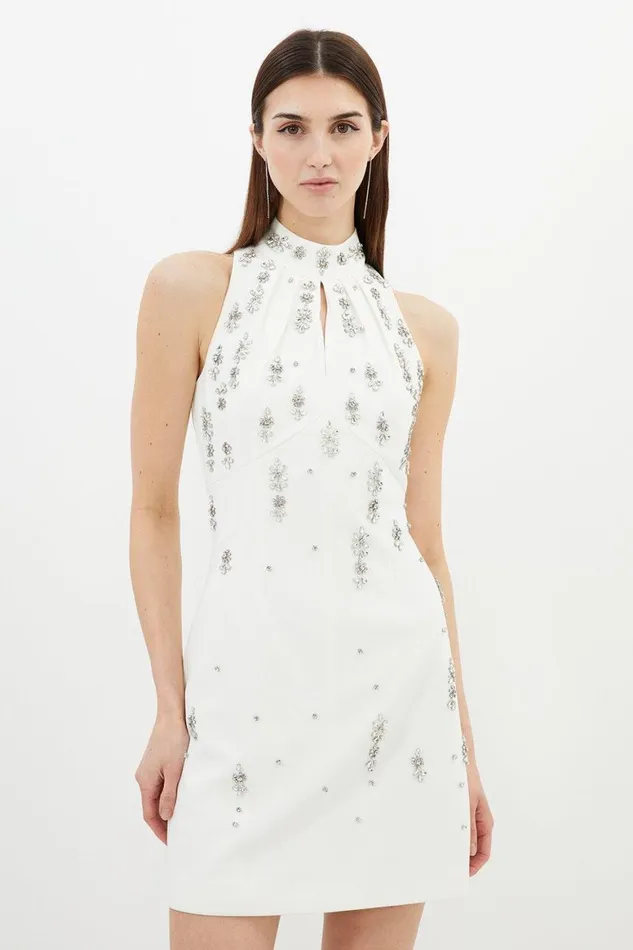 Dresses Women Karen Millen Crystal Embellished Mini Halter Dress Ivory