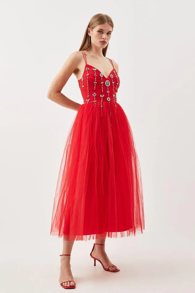 Dresses Women Karen Millen Crystal Embellished Tulle Midi Dress Red