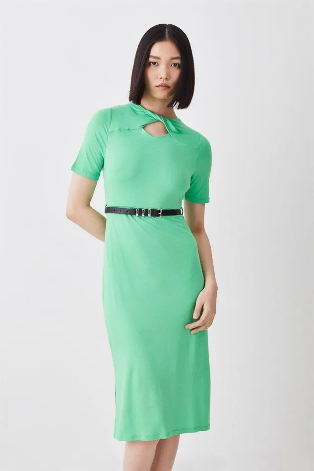 Dresses Women Karen Millen Cut Out Belted Viscose Blend Jersey Midi Dress Green Dresses Women Karen Millen Cut Out Belted Viscose Blend Jersey Midi Dress Green