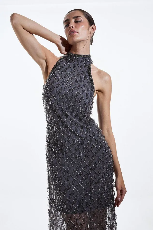 Dresses Women Karen Millen Draped Crystal And Diamante Maxi Dress Gun Metal
