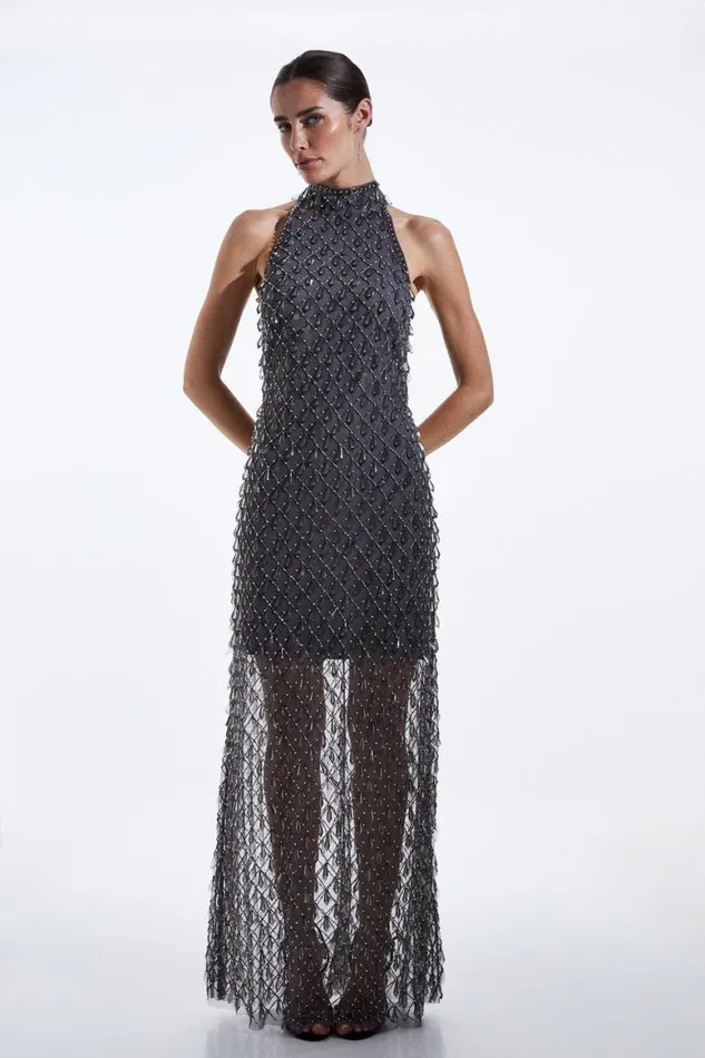 Dresses Women Karen Millen Draped Crystal And Diamante Maxi Dress Gun Metal