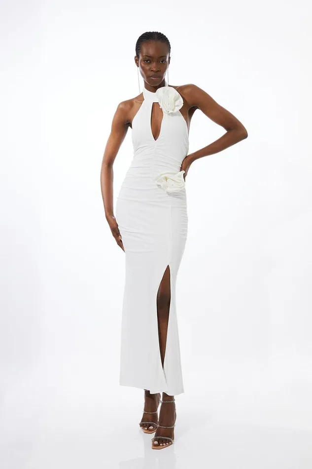 Dresses Women Karen Millen Drapey Ruched Jersey Rosette Maxi Dress Ivory
