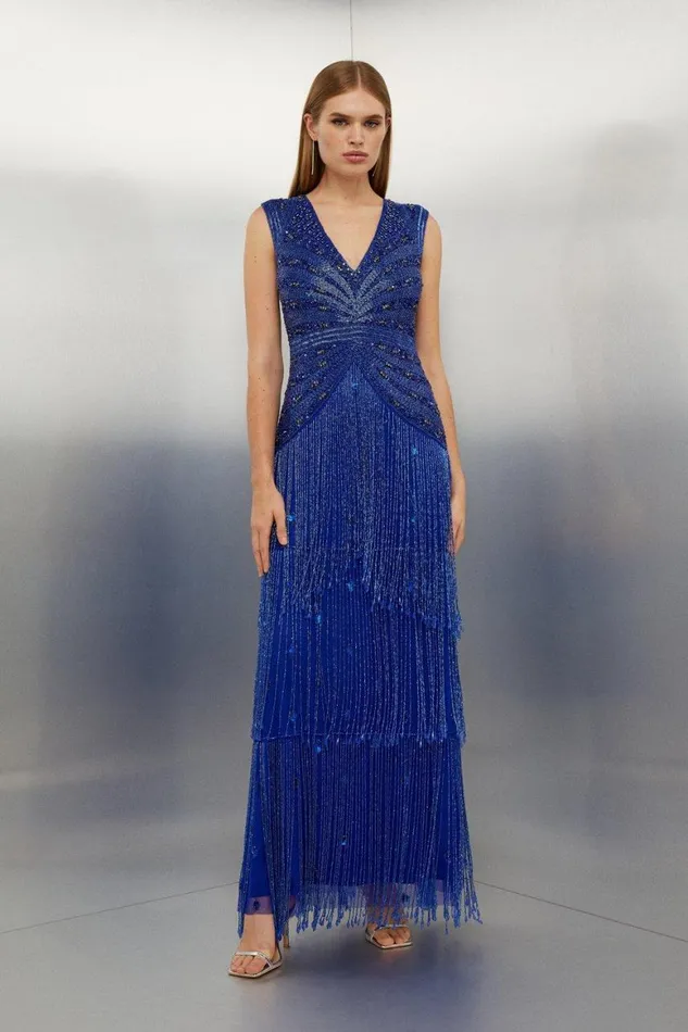 Dresses Women Karen Millen Embellished Beaded Woven Maxi Dress Cobalt