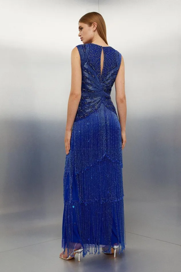 Dresses Women Karen Millen Embellished Beaded Woven Maxi Dress Cobalt