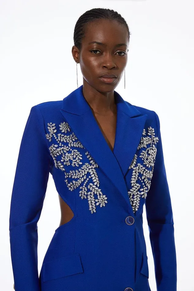 Dresses Women Karen Millen Embellished Figure Form Bandage Cut Out Back Blazer Dress Cobalt