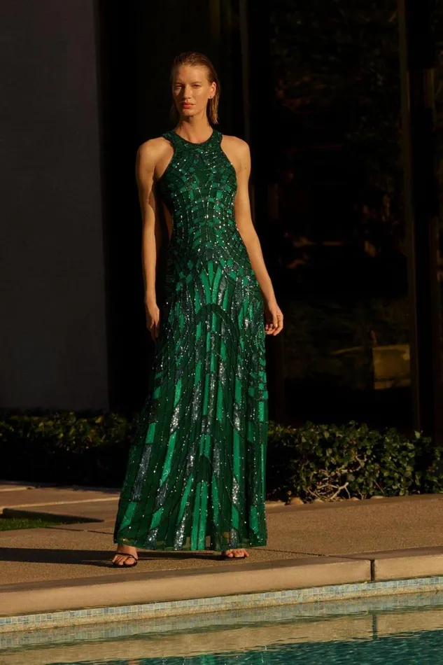 Dresses Women Karen Millen Embellished Geo Halter Woven Maxi Dress Green