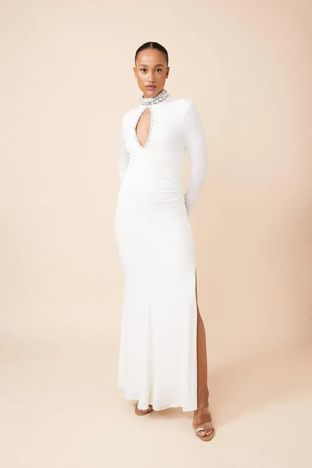 Dresses Women Karen Millen Embellished Jersey Crepe Maxi Dress Ivory