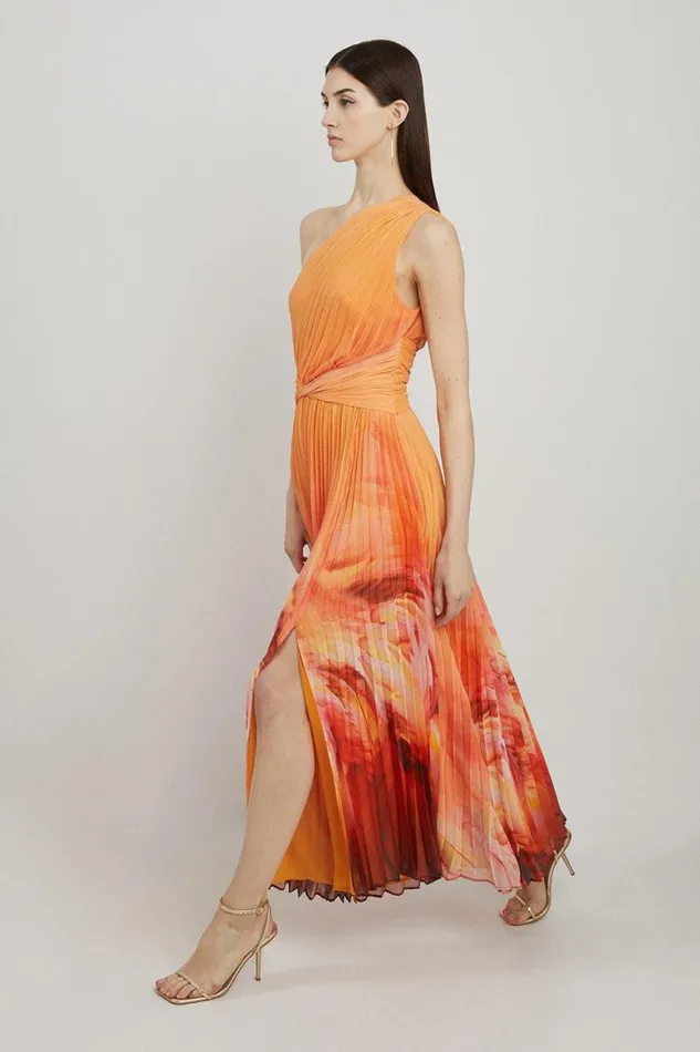 Dresses Women Karen Millen Feather Border Print Soft Pleated One Shoulder Midaxi Dress Orange Dresses Women Karen Millen Feather Border Print Soft Pleated One Shoulder Midaxi Dress Orange