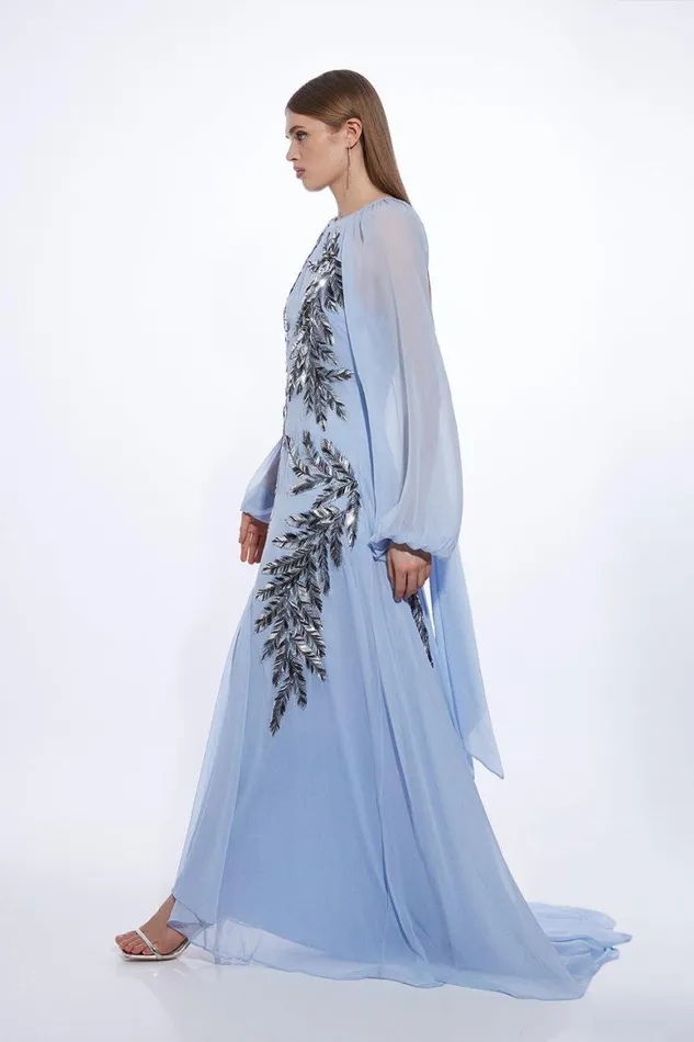 Dresses Women Karen Millen Feather Embellished Woven Long Sleeve Maxi Dress Blue Dresses Women Karen Millen Feather Embellished Woven Long Sleeve Maxi Dress Blue
