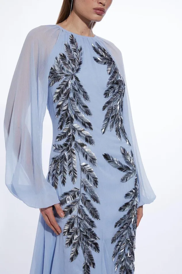 Dresses Women Karen Millen Feather Embellished Woven Long Sleeve Maxi Dress Blue