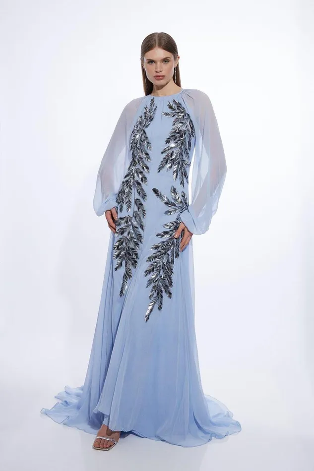 Dresses Women Karen Millen Feather Embellished Woven Long Sleeve Maxi Dress Blue