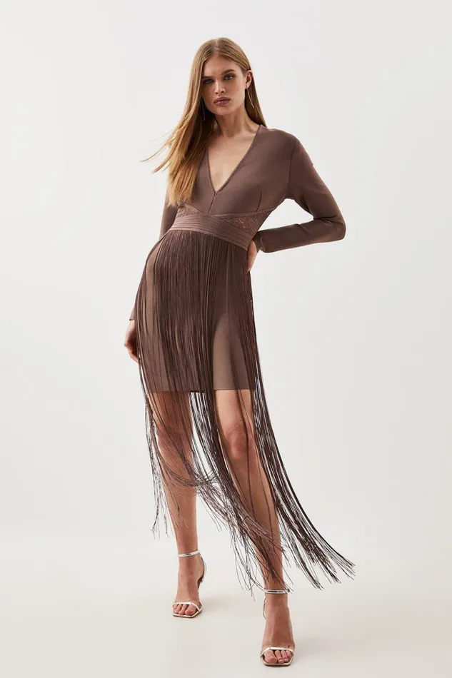 Dresses Women Karen Millen Figure Form Bandage Knit Tassel Hem Dress Taupe