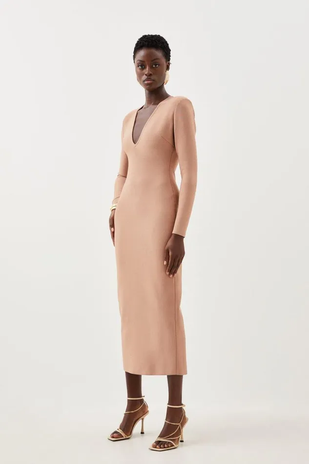 Dresses Women Karen Millen Figure Form Bandage Knit V Neck Midaxi Dress Mink
